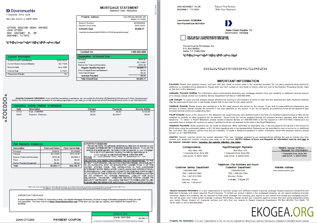 Relevé hypothécaire USA Dovenmuehle, 3 pages 1, 2 scr